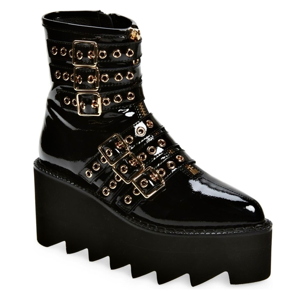 Jeffrey Campbell Gristle Black Patent Leather Buckle & Grommet Combat Boot - Picture 2 of 5